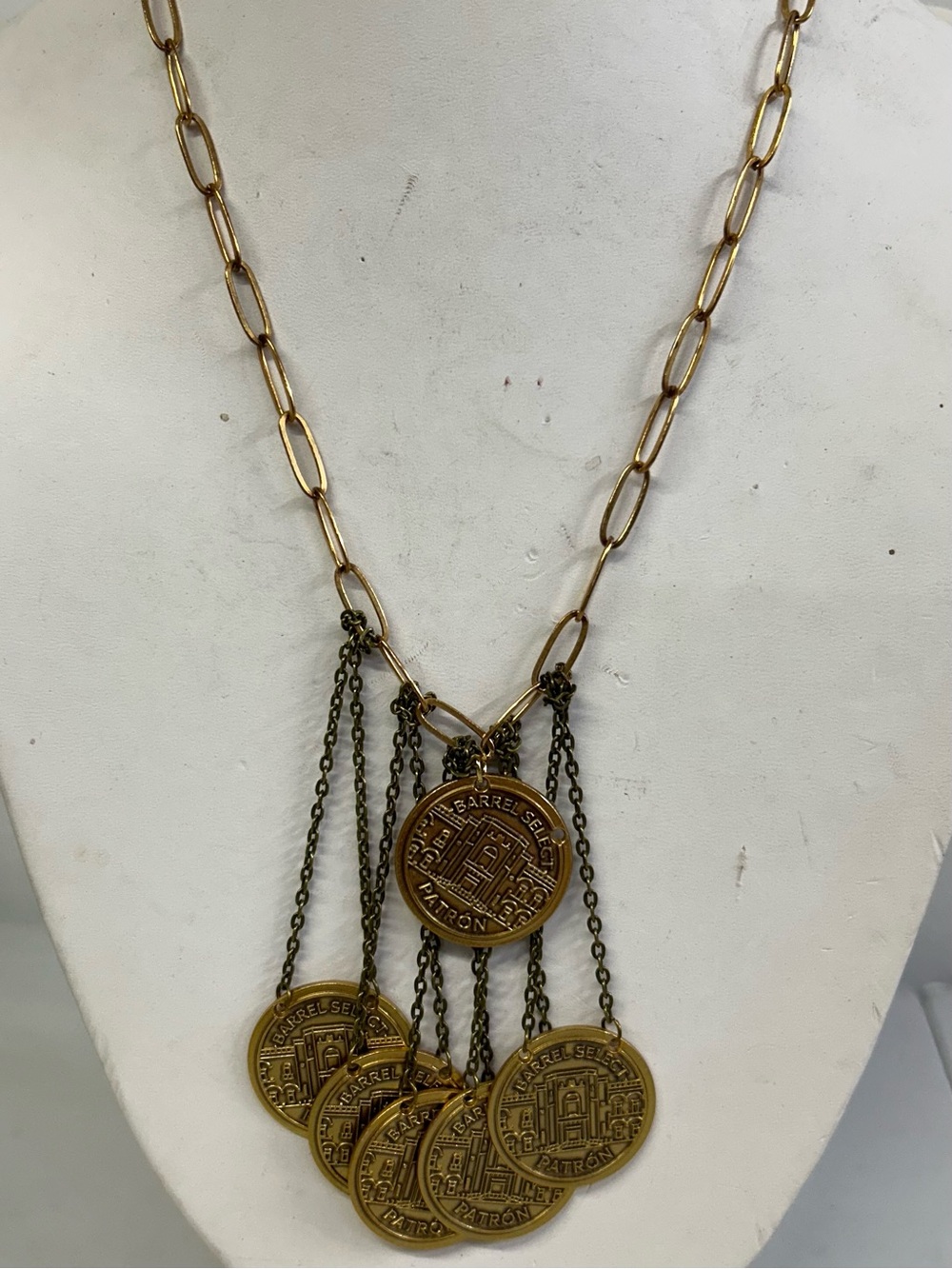 Dangle Coin Patron bottle charm, paperclip chain necklace. Gold tone vintag